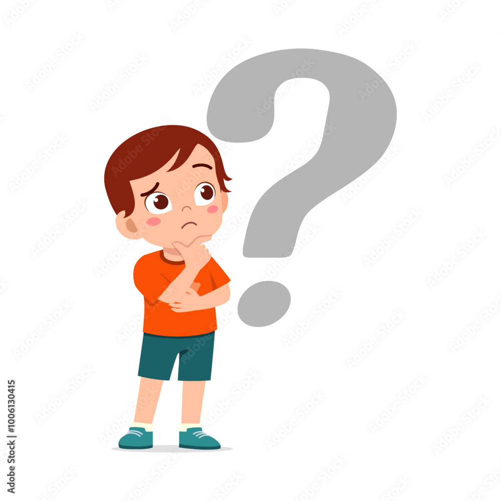 little kid feeling curious and stand beside question mark little kid feeling curious and stand beside question mark