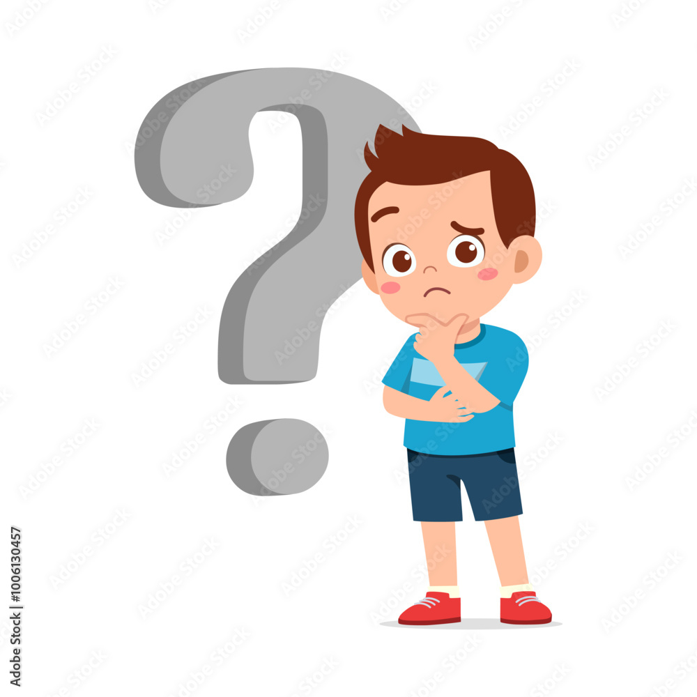 little kid feeling curious and stand beside question mark little kid feeling curious and stand beside question mark