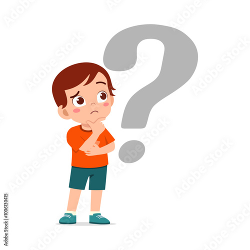 little kid feeling curious and stand beside question mark