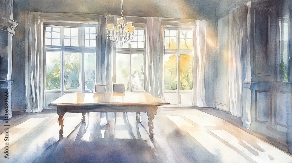 A beautifully lit dining room with large windows, a wooden table, and a chandelier, captured in a watercolor style. A beautifully lit dining room with large windows, a wooden table, and a chandelier, captured in a watercolor style.