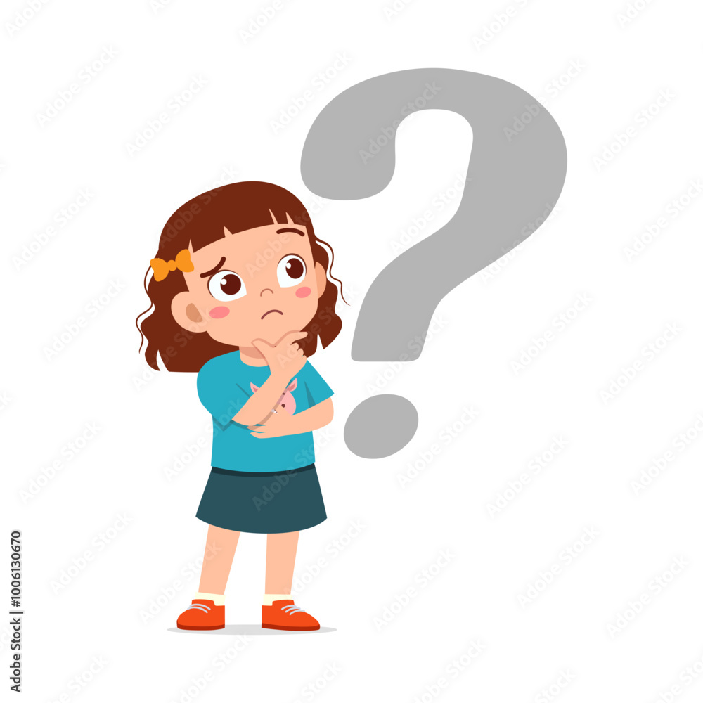 little kid feeling curious and stand beside question mark little kid feeling curious and stand beside question mark