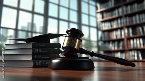 A polished judge's gavel, a stack of legal textbooks, and a graduation cap arranged neatly on a wooden desk, set in front of a large window overlooking rows of legal volumes in a s