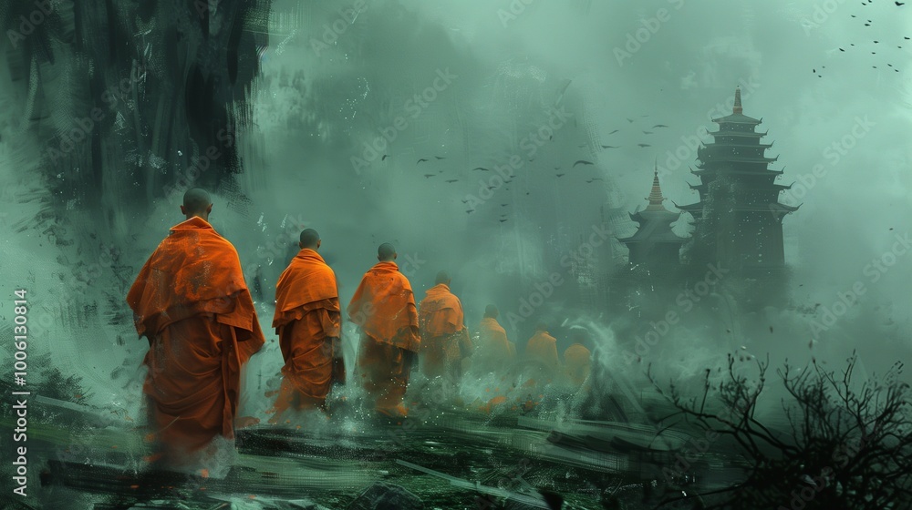 Fototapeta premium A group of monks dressed in orange robes walks through a mystical fog, heading to a temple shrouded in mystery at dawn