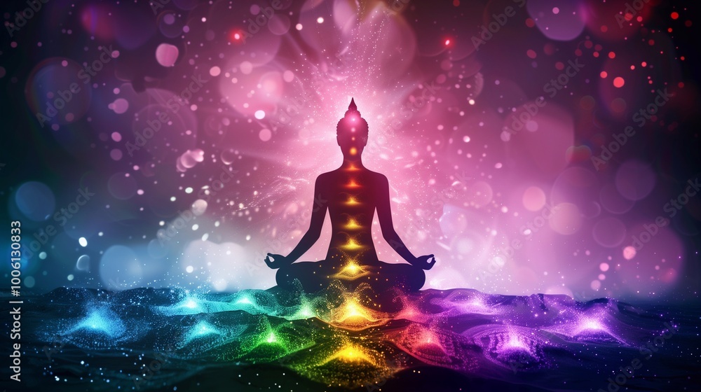 A tranquil figure sits cross legged, aligning chakras with colorful energy illuminating the space, creating a calm and spiritual ambiance A tranquil figure sits cross legged, aligning chakras with colorful energy illuminating the space, creating a calm and spiritual ambiance