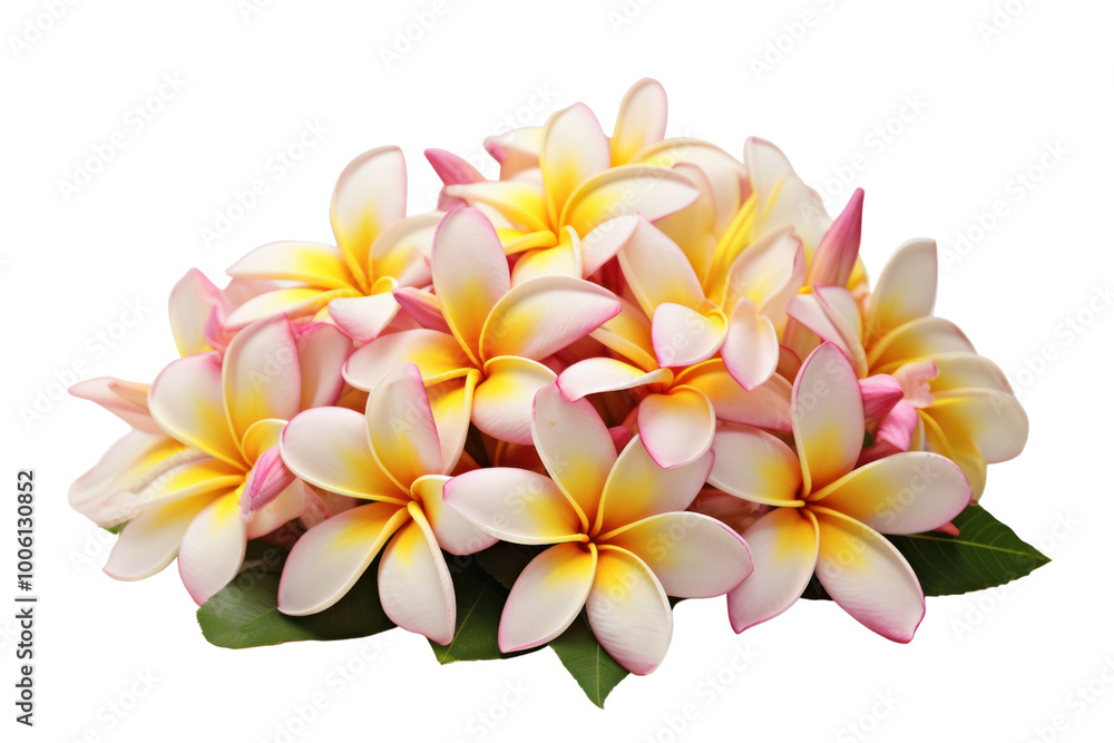 Arrangement of fresh frangipani flowers with a combination of fully bloomed and partially opened buds, isolated on a white background Arrangement of fresh frangipani flowers with a combination of fully bloomed and partially opened buds, isolated on a white background