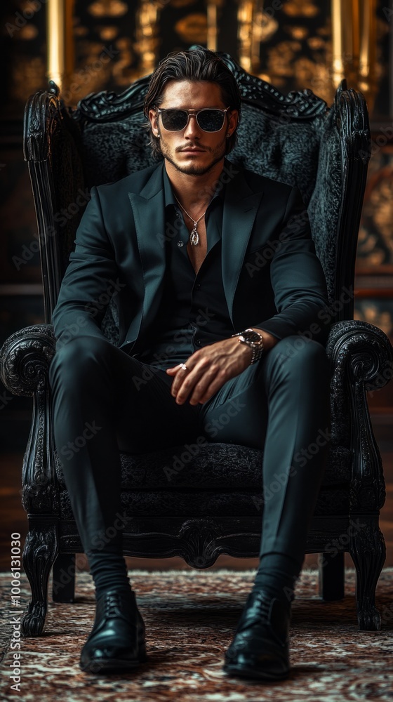 A man in a black suit and sunglasses sits in a black chair A man in a black suit and sunglasses sits in a black chair