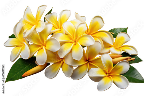 Arrangement of fresh frangipani flowers with a combination of fully bloomed and partially opened buds, isolated on a white background