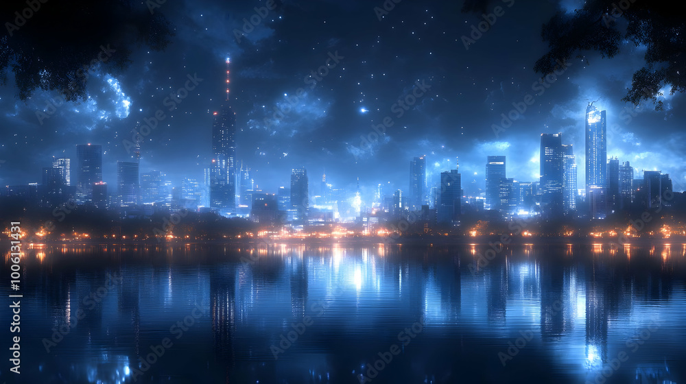Cityscape Reflections in a Tranquil Lake Under a Starry Sky Cityscape Reflections in a Tranquil Lake Under a Starry Sky