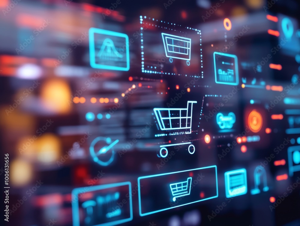 2408 11.A modern online shopping concept displayed on a computer screen, featuring a virtual interface with a detailed shopping cart and product listings. The background includes vibrant icons of 2408 11.A modern online shopping concept displayed on a computer screen, featuring a virtual interface with a detailed shopping cart and product listings. The background includes vibrant icons of