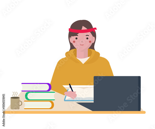 受験勉強をする学生の女の子。ハチマキを巻いて一生懸命勉強をする。ベクターイラスト