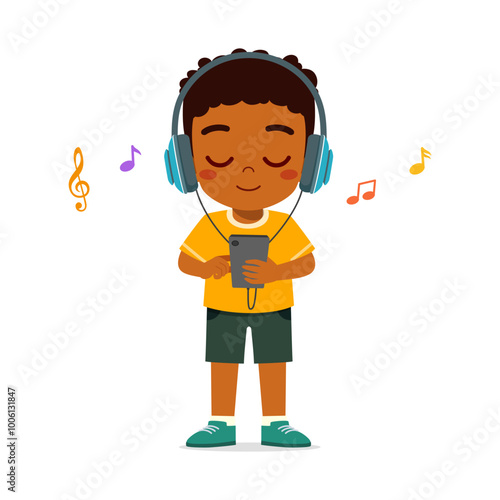 little kid wear headphone to listening music