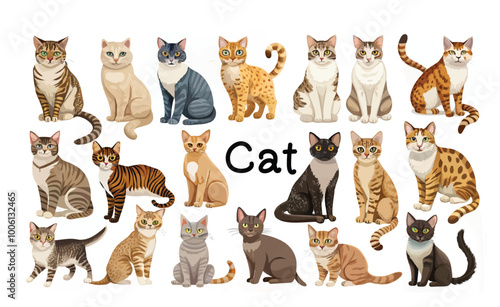 Set of cats in various patterns, Difference poses and situations. on isolated white background, vector