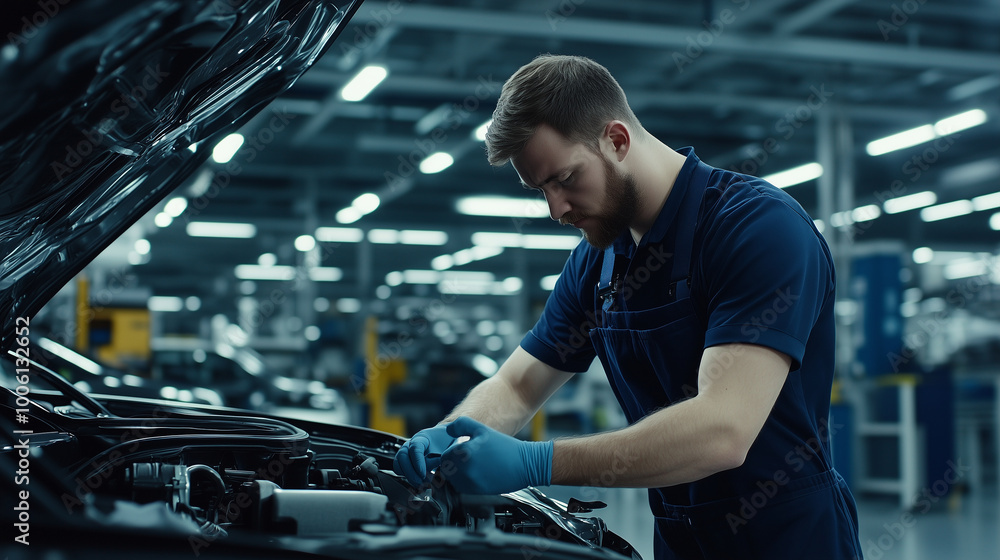 A mechanic in navy blue overalls works meticulously under the hood of a car, surrounded by the sleek, clean environment of a modern auto repair shop with polished floors. A mechanic in navy blue overalls works meticulously under the hood of a car, surrounded by the sleek, clean environment of a modern auto repair shop with polished floors.