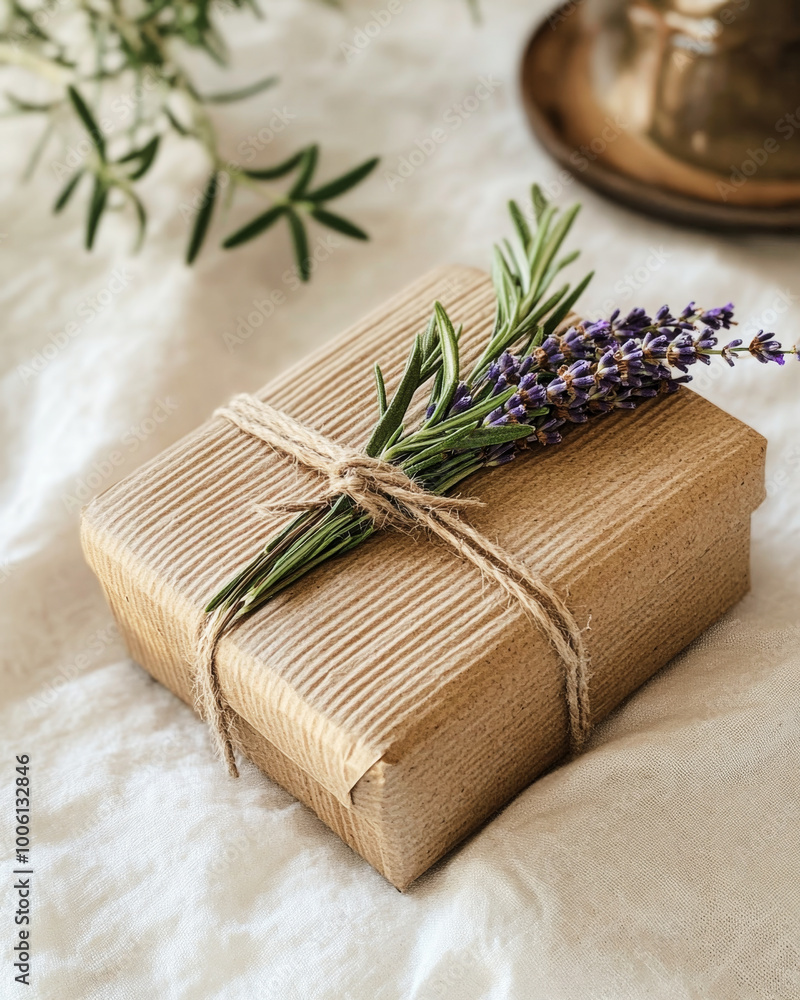 Elegant zero-waste gift box wrapped in textured paper with rosemary and lavender for Christmas Elegant zero-waste gift box wrapped in textured paper with rosemary and lavender for Christmas