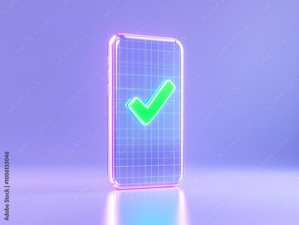 Modern smartphone with green check mark, glowing neon style on purple background. Modern smartphone with green check mark, glowing neon style on purple background.