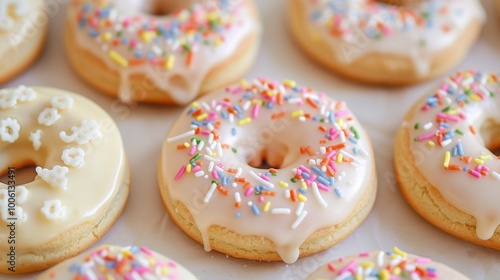 Freshly Baked Donuts with Colorful Sprinkles on Cooling Rack