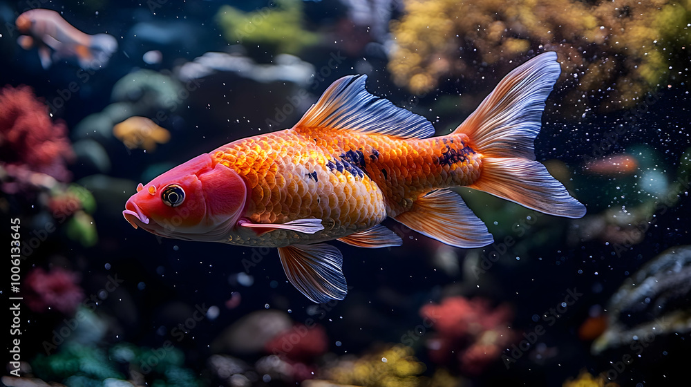 A Colorful Goldfish Swims Through the Water A Colorful Goldfish Swims Through the Water
