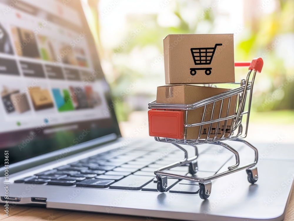 2408 50.A tiny metal shopping cart with a cardboard box inside sits on top of a laptop, illustrating the concept of online shopping. The box is marked with a shopping cart symbol, while the laptop 2408 50.A tiny metal shopping cart with a cardboard box inside sits on top of a laptop, illustrating the concept of online shopping. The box is marked with a shopping cart symbol, while the laptop