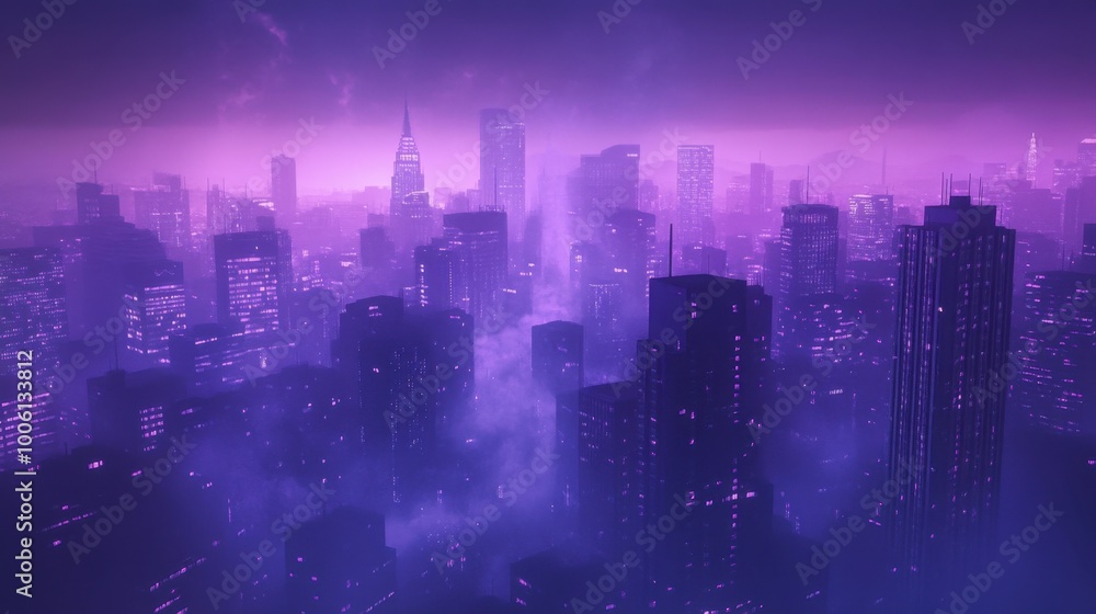 Purple Haze Night Skyline: Mysterious Cityscape Under Moonlight Purple Haze Night Skyline: Mysterious Cityscape Under Moonlight