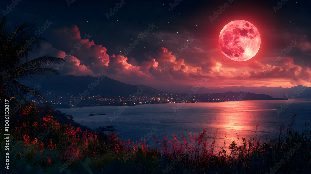 Red Moon Over Coastal City with Palm Trees Red Moon Over Coastal City with Palm Trees