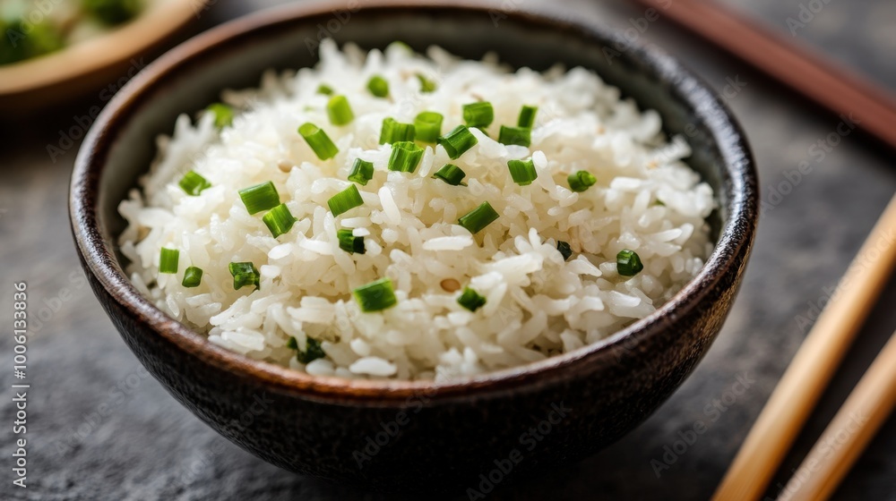 Steamed Rice Bowl with Scallions and Spices. Ginger Jasmine Rice Steamed Rice Bowl with Scallions and Spices. Ginger Jasmine Rice