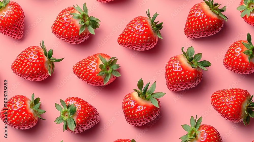 Fresh Strawberries on Pink Background in Patterned Arrangement Fresh Strawberries on Pink Background in Patterned Arrangement