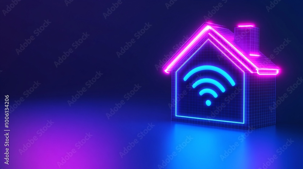 Neon illuminated house icon representing smart home connectivity and WiFi technology on a dark background. Neon illuminated house icon representing smart home connectivity and WiFi technology on a dark background.