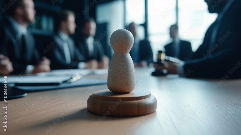 A family wooden figure and gavel set prominently on the judge's table during a custody hearing, with a lawyer visible in the background, showcasing family law and divorce settlemen A family wooden figure and gavel set prominently on the judge's table during a custody hearing, with a lawyer visible in the background, showcasing family law and divorce settlemen