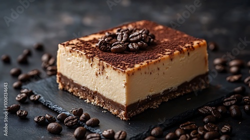 Elevated view of a cappuccino-flavored cheesecake slice, creamy layers and smooth texture highlighted by soft lighting, coffee beans scattered asymmetrically around, photo