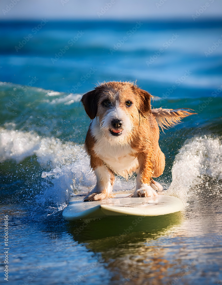 Clever trained dog to surf on surfboards in close up Clever trained dog to surf on surfboards in close up