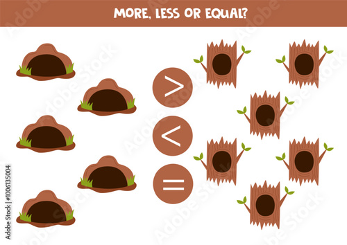 Grater, less or equal with cute cartoon animal dens.