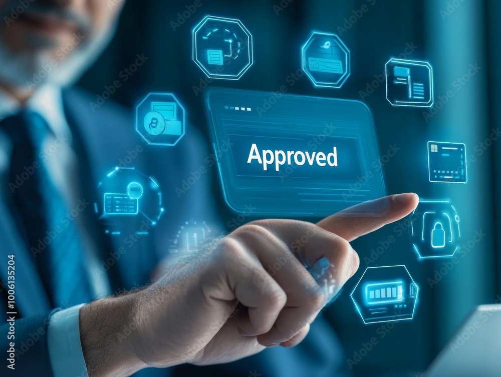 2408 89.A close-up of a businessman tapping a virtual screen with an 2408 89.A close-up of a businessman tapping a virtual screen with an