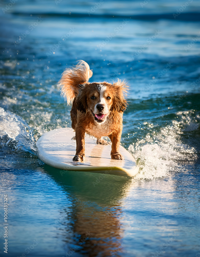 Clever trained dog to surf on surfboards in close up Clever trained dog to surf on surfboards in close up