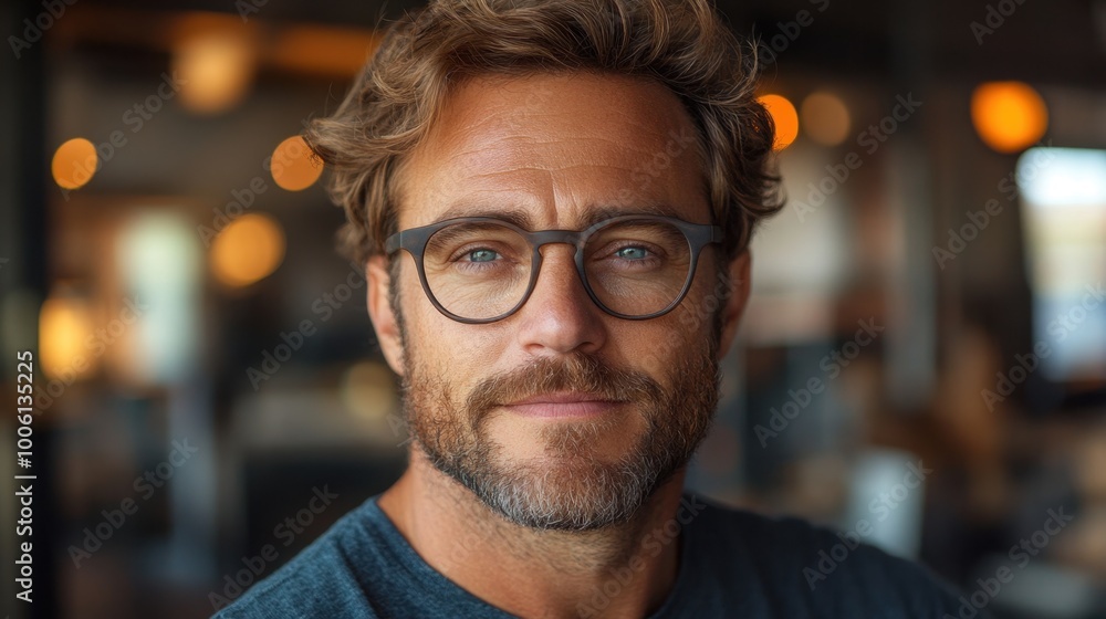 Confident Middle-Aged Man with Glasses Posing Indoors Confident Middle-Aged Man with Glasses Posing Indoors