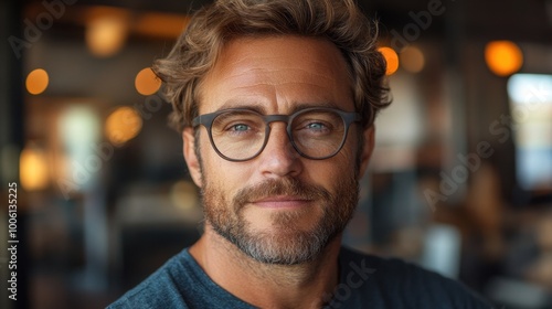 Confident Middle-Aged Man with Glasses Posing Indoors