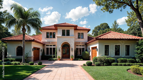 Luxurious Mediterranean villa with terracotta roof tiles, palm trees, and manicured landscaping, showcasing elegant architecture and affluent suburban living on a sunny day