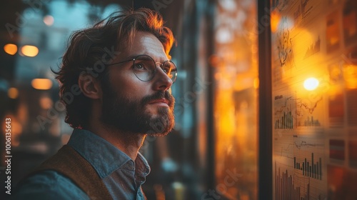 Pensive Businessman Looking at Financial Charts Through Window at Sunset