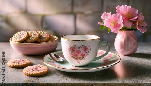 A ceramic cup with a love design sits on a fine plate next to a bowl of biscuits, all positioned on a stone countertop embellished with a jar of vibrant pink blooms