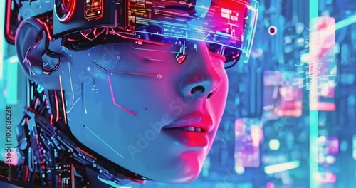 Integrating artificial intelligence into office workflows through dynamic animation, set in a cyberpunk-inspired style. The animation showcases futuristic technology, automation-generated AI photo