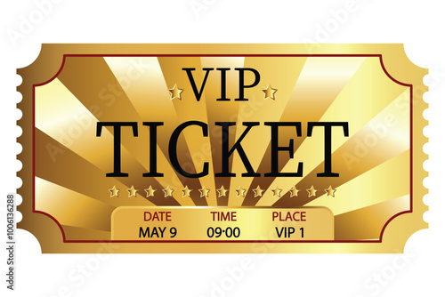 VIP golden ticket or gold pass isolated on white background. Retro ticket design template. Admit one. Ticket for cinema, movie, circus, carnival, film, festival, casino, club, party, vip, etc. Vector.