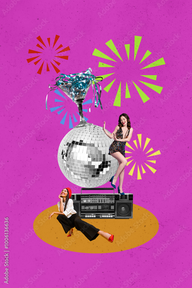Fototapeta premium Vertical collage poster young woman dance party festive event disco music audio player boombox listen playlist album carefree chill rest