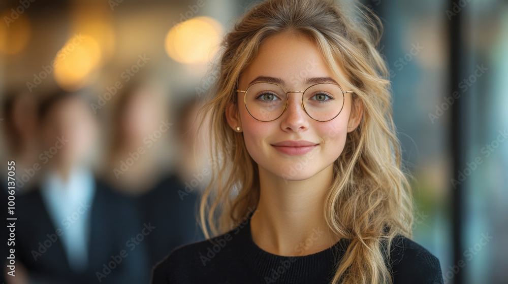 Portrait of a Smiling Young Woman with Blonde Hair and Glasses Portrait of a Smiling Young Woman with Blonde Hair and Glasses