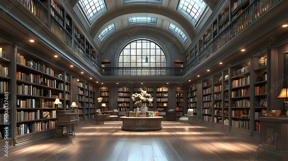 Grand Library Interior Design: Bookshelves, Windows, and a Classic Aesthetic Grand Library Interior Design: Bookshelves, Windows, and a Classic Aesthetic