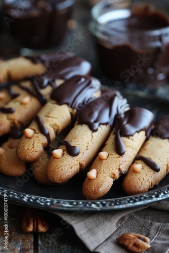 Chocolate Dipped Cookies on Rustic Plate