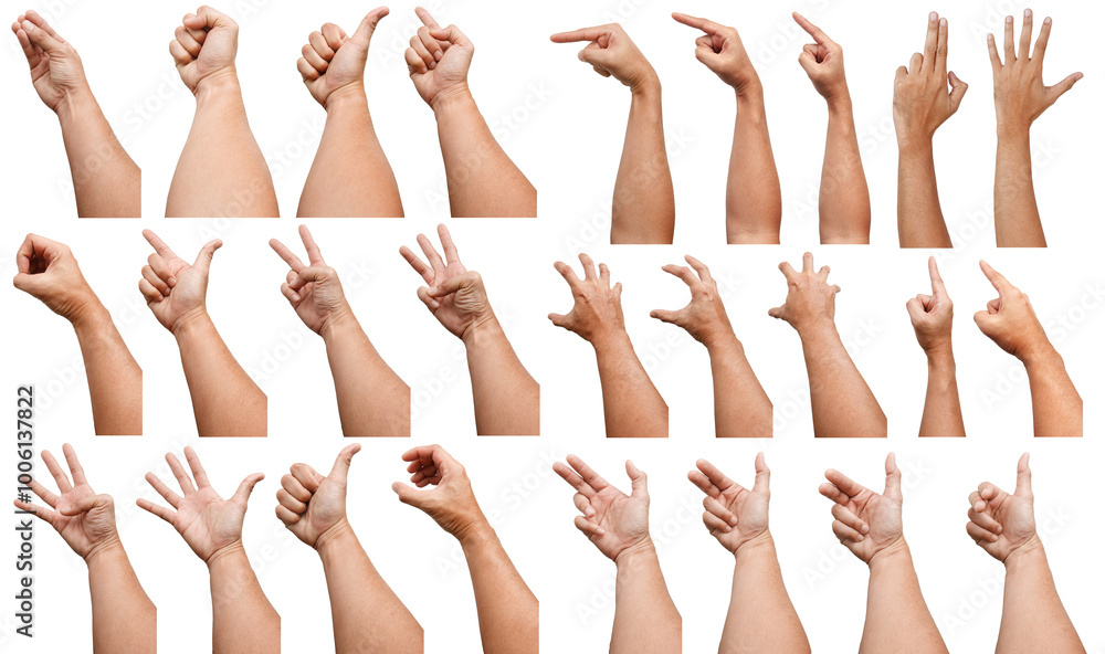 Male Asian hand gestures isolated over the white background. Counting Action. Touch Action. Touch Small Thing. Male Asian hand gestures isolated over the white background. Counting Action. Touch Action. Touch Small Thing.