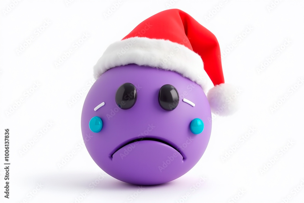 Illustration of a sad and unhappy purple emoji in Santa Claus hat on white background Illustration of a sad and unhappy purple emoji in Santa Claus hat on white background