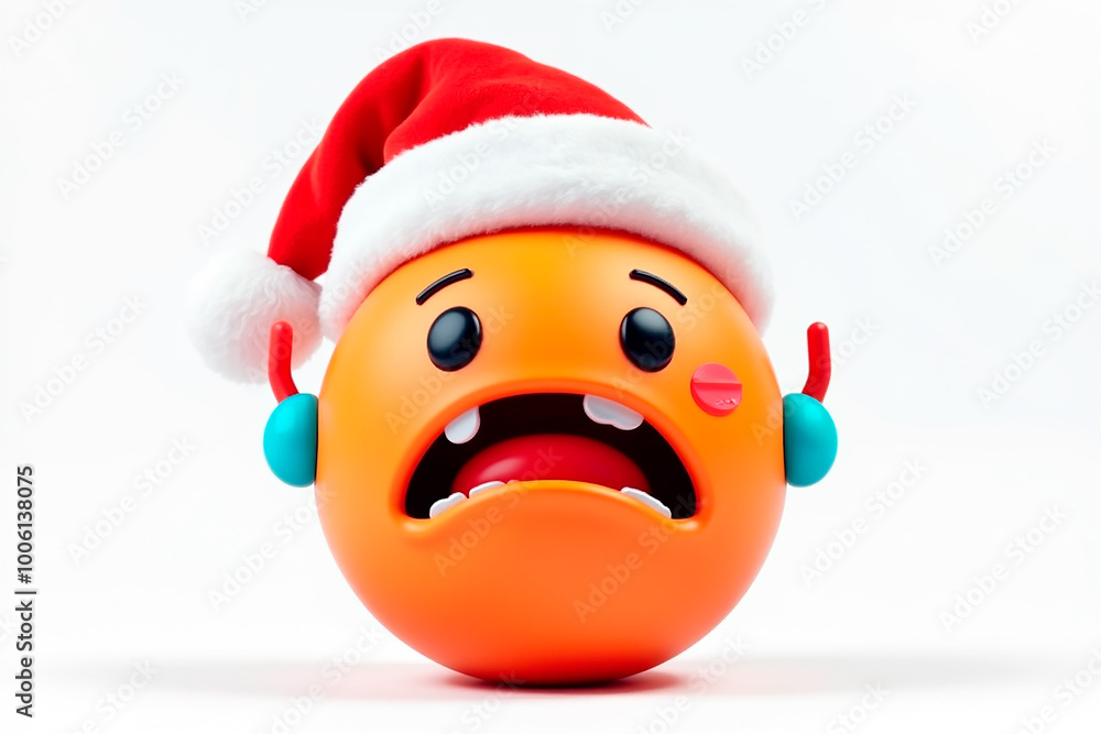 Illustration of a sad and scared orange emoji in Santa Claus hat on white background Illustration of a sad and scared orange emoji in Santa Claus hat on white background