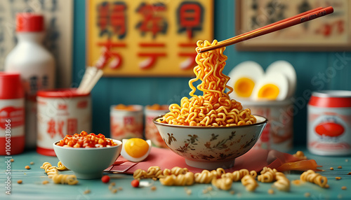 Detail and background elements of instant noodles photo