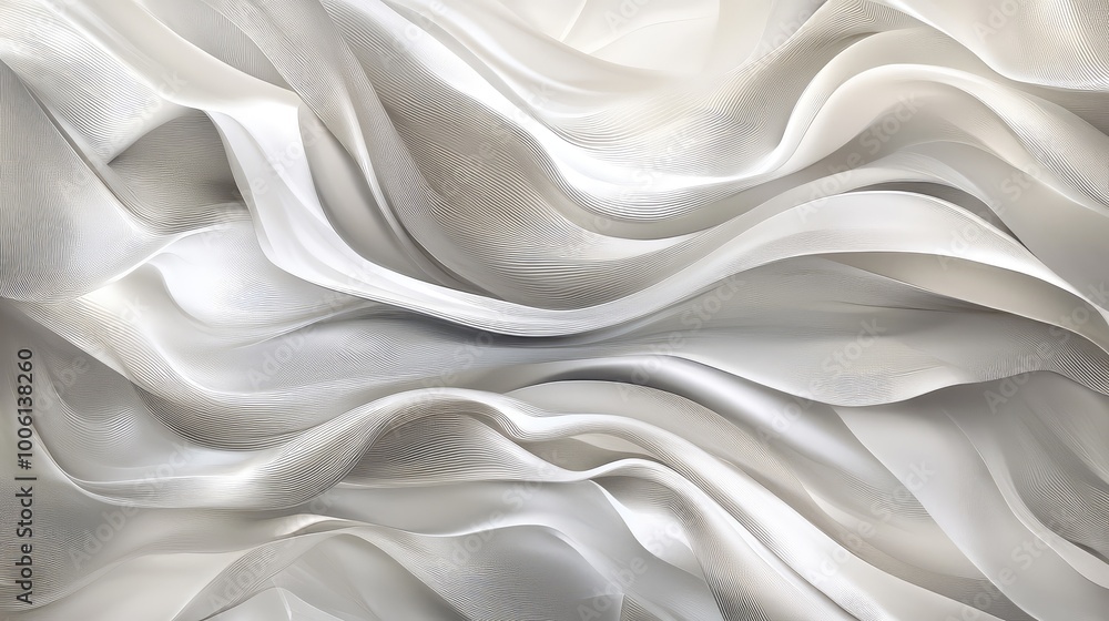 Fototapeta premium Soft, fluid lines in shades of silver and white curving across the background, creating a smooth, luxurious abstract design.