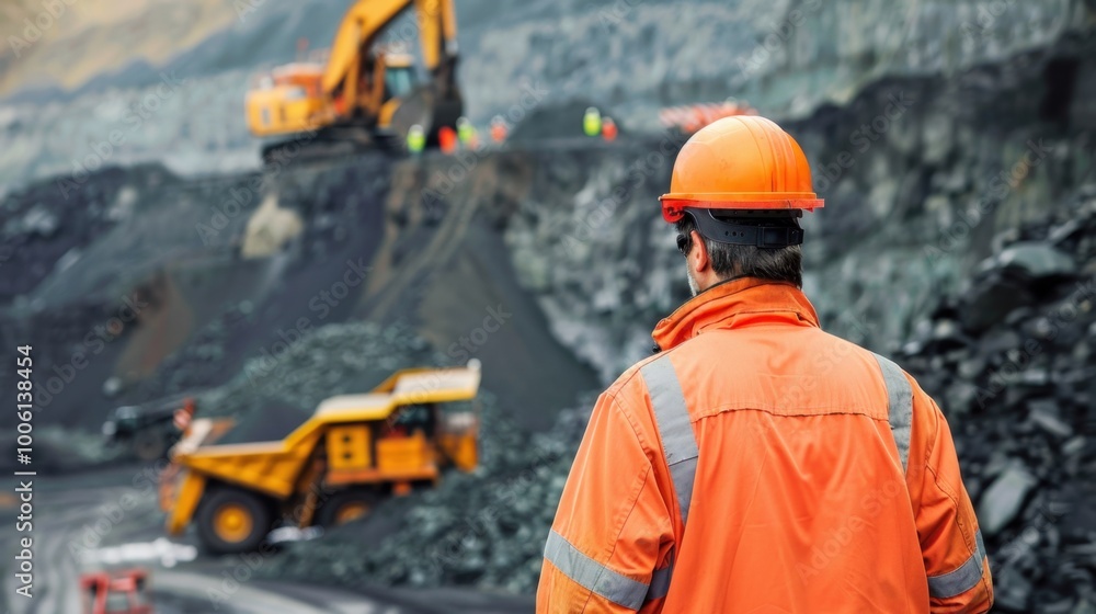 Construction Worker Overlooking Mining Site Operations Construction Worker Overlooking Mining Site Operations
